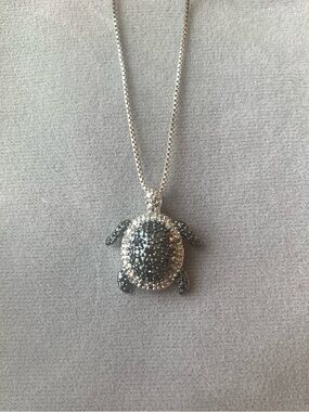 Vintage Sterling Silver Turtle Necklace 925 CZ Pendant 18” Italy